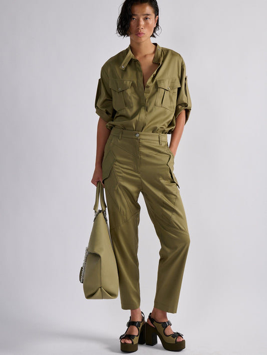 Khaki mercerised satin cargo trousers