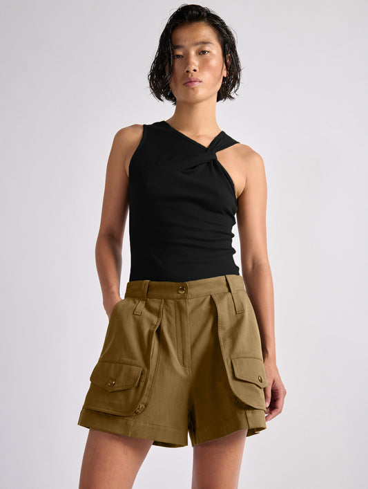 Camel stretch gabardine cargo shorts