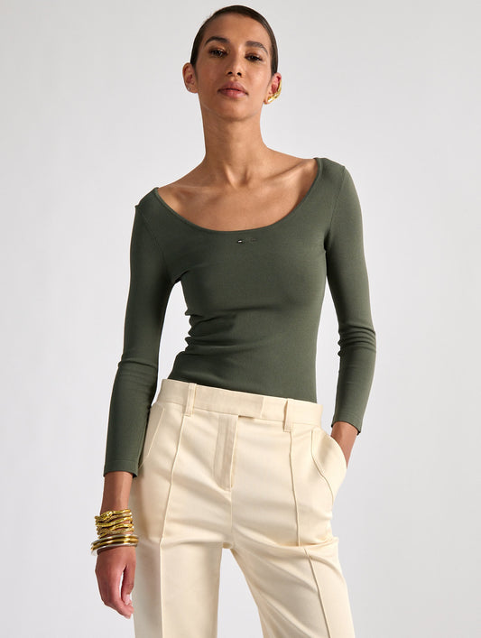 Khaki second-skin ballerina neckline sweater