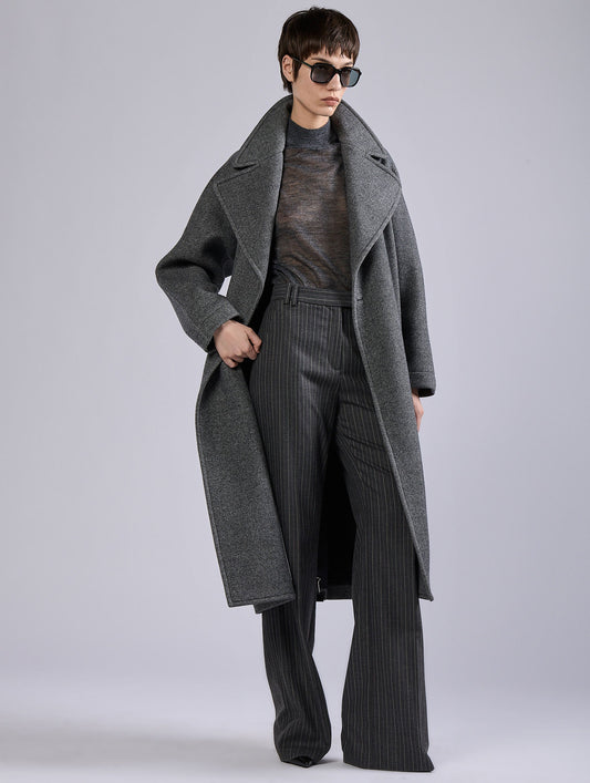 Grey belted long coat in double diagonal twill