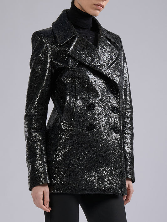 Black double-breasted "granité" sequin pea coat
