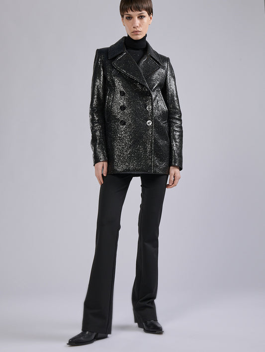Black double-breasted "granité" sequin pea coat