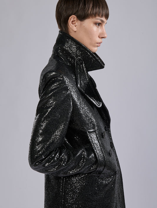 Black double-breasted "granité" sequin pea coat