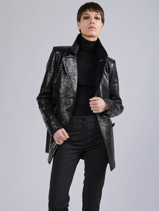 Black double-breasted "granité" sequin pea coat