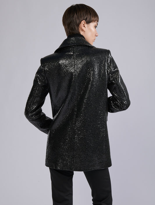 Black double-breasted "granité" sequin pea coat