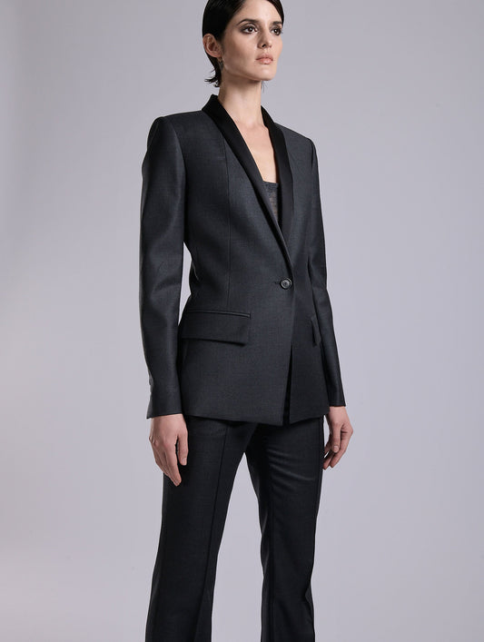 Grey wool and cashmere twill satin-collar jacket