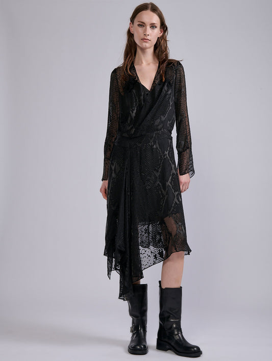 Black python print devoré satin wrap dress