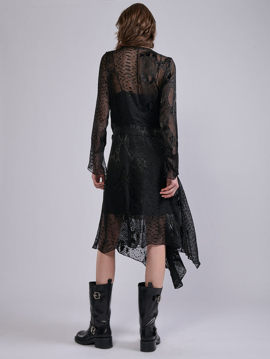Black python print devoré satin wrap dress