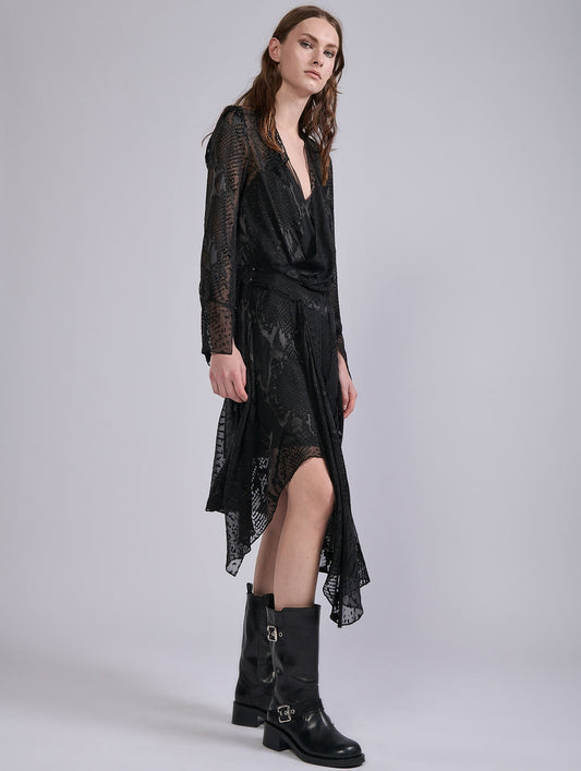 Black python print devoré satin wrap dress