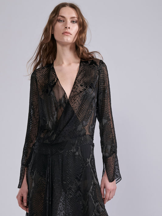 Black python print devoré satin wrap dress