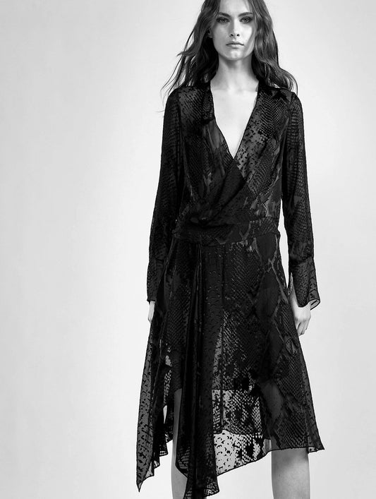 Black python print devoré satin wrap dress