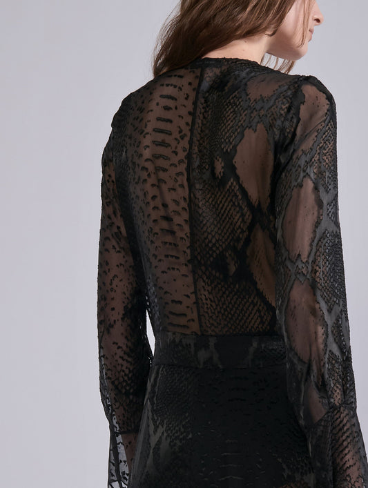 Black python print devoré satin wrap dress