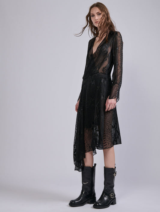 Black python print devoré satin wrap dress