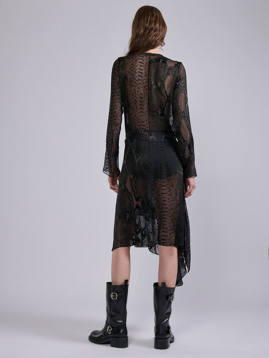 Black python print devoré satin wrap dress