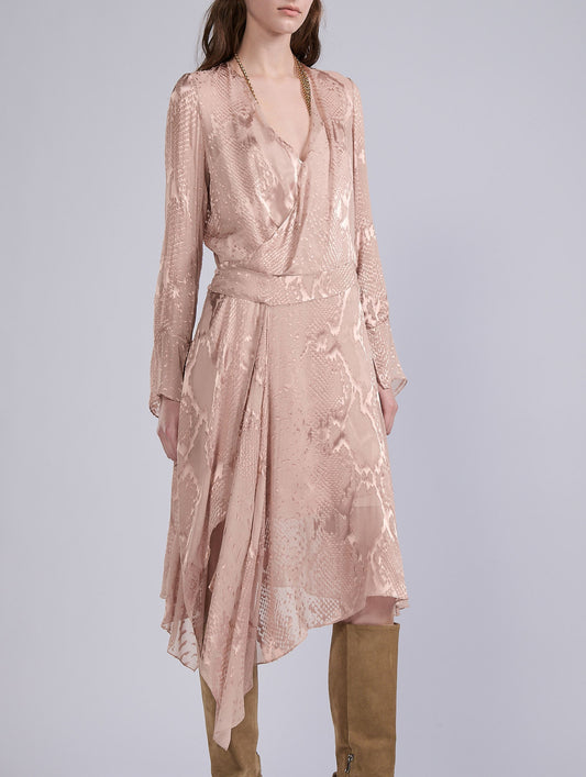 Blush pink python-print devoré satin wrap dress