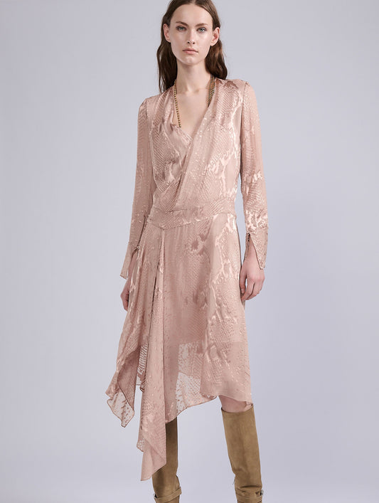 Blush pink python-print devoré satin wrap dress