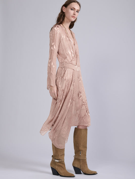 Blush pink python-print devoré satin wrap dress