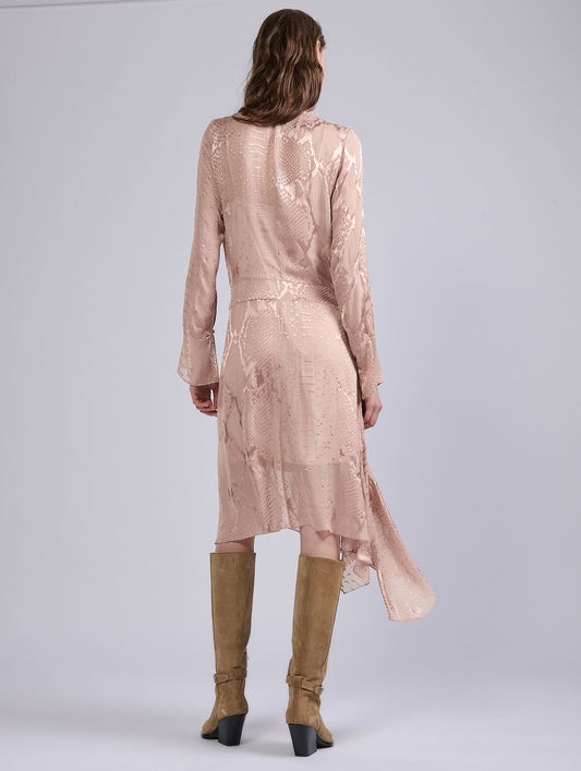 Blush pink python-print devoré satin wrap dress