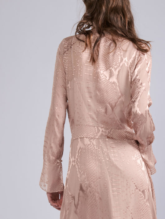 Blush pink python-print devoré satin wrap dress