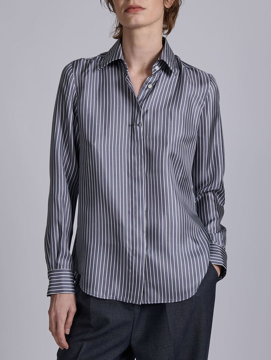 Grey and white striped silk twill shirt