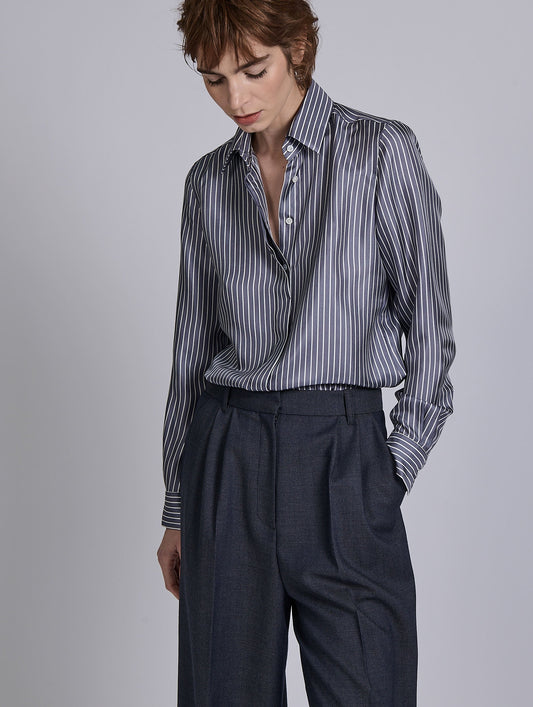 Grey and white striped silk twill shirt