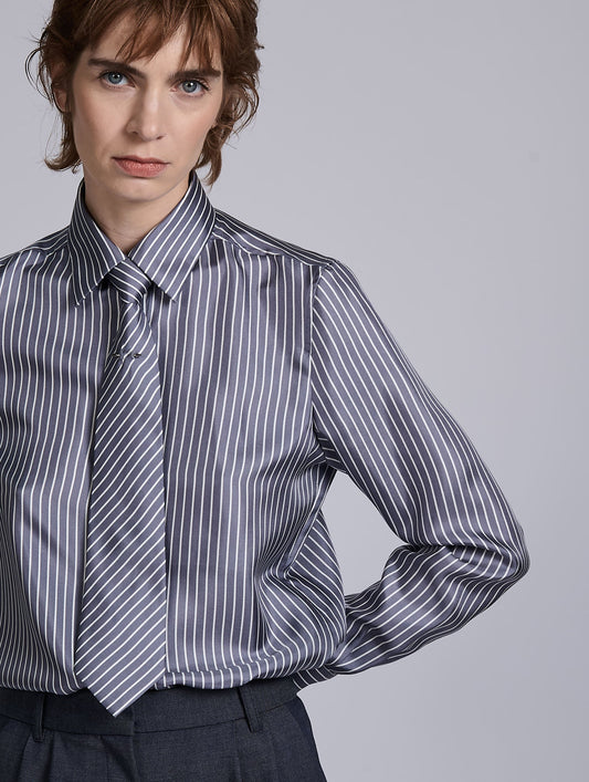 Grey and white striped silk twill shirt