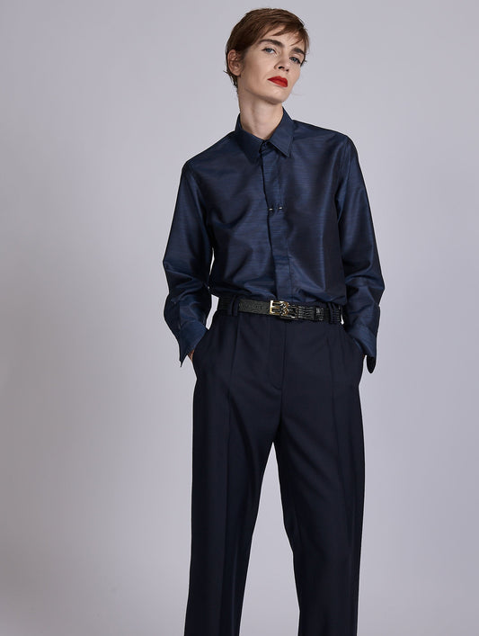 Navy extra-fine wool and silk shirt