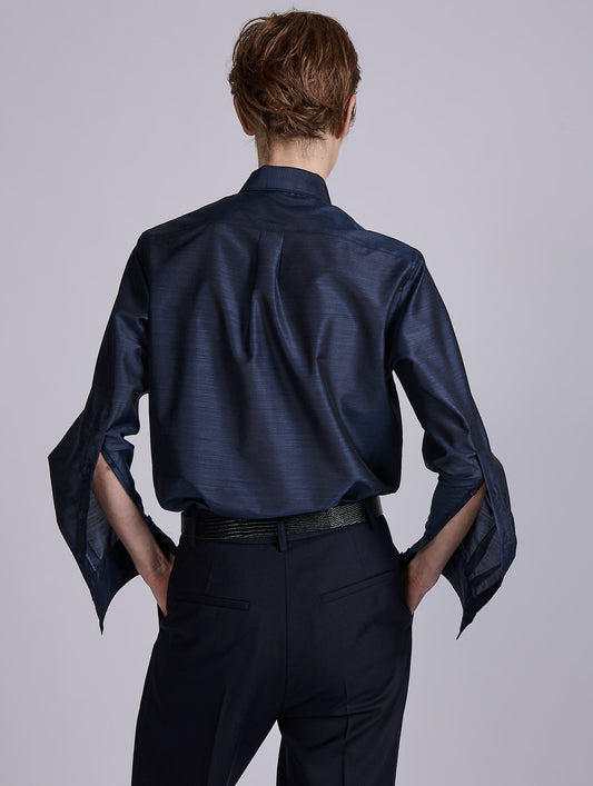 Navy extra-fine wool and silk shirt