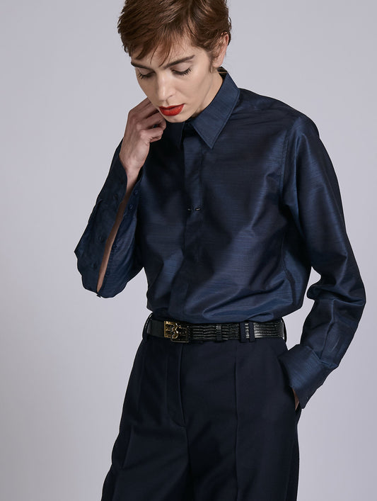 Navy extra-fine wool and silk shirt
