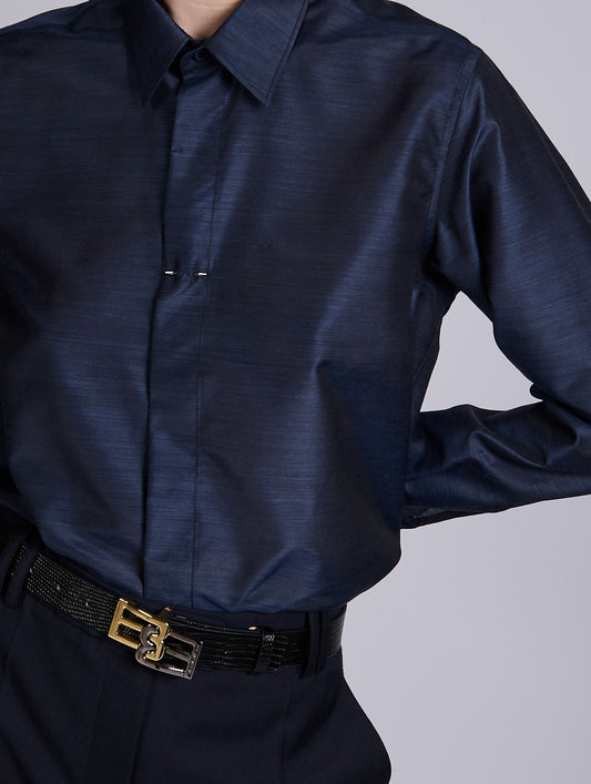 Navy extra-fine wool and silk shirt