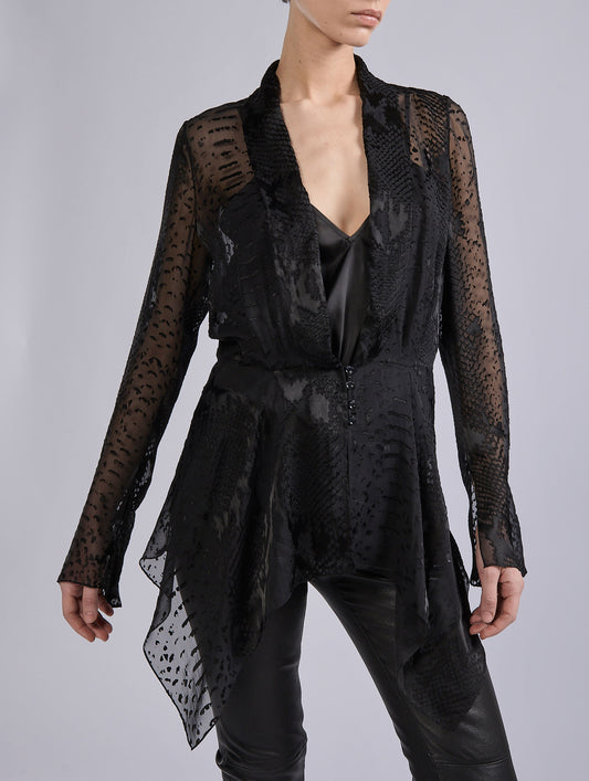 Black python-patterned devoré satin blouse
