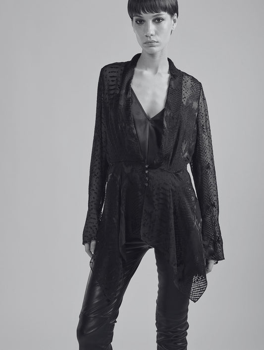 Black python-patterned devoré satin blouse