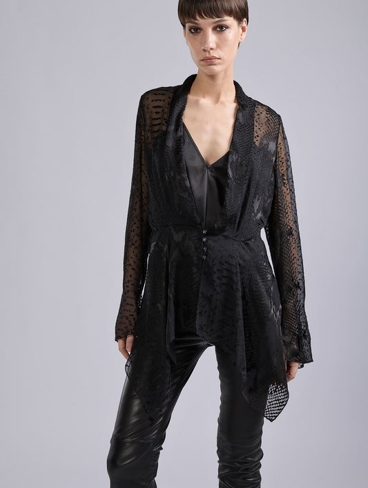 Black python-patterned devoré satin blouse