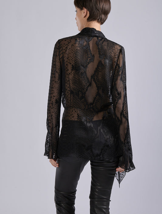 Black python-patterned devoré satin blouse