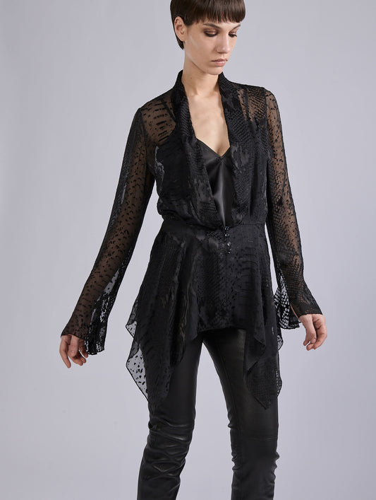 Black python-patterned devoré satin blouse