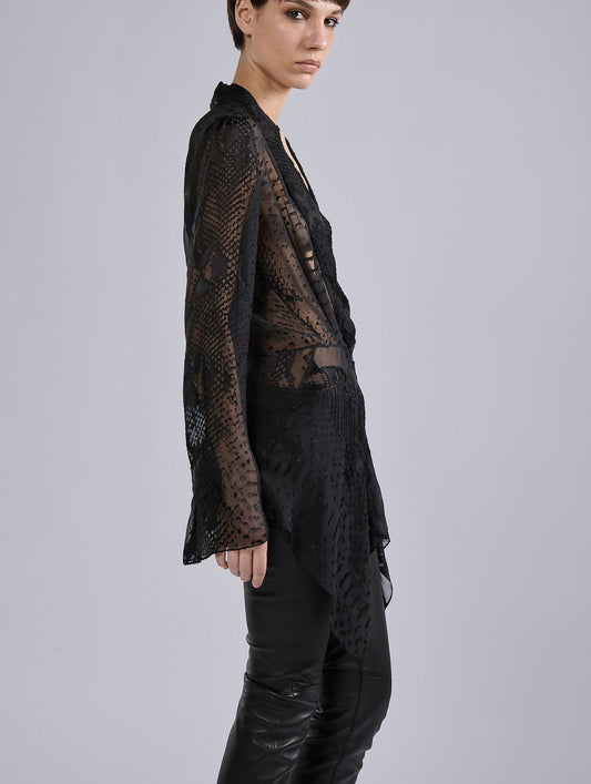Black python-patterned devoré satin blouse