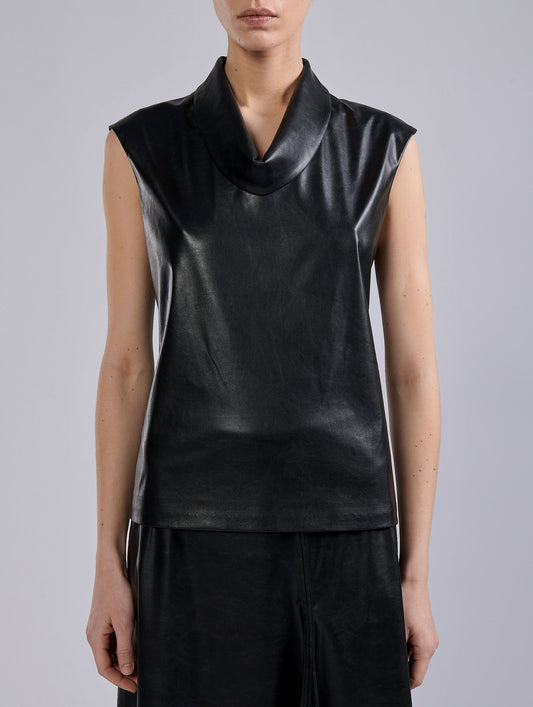 Black sleeveless top in extra-light faux leather