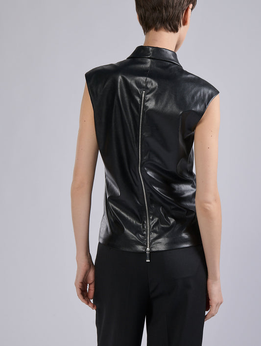 Black sleeveless top in extra-light faux leather