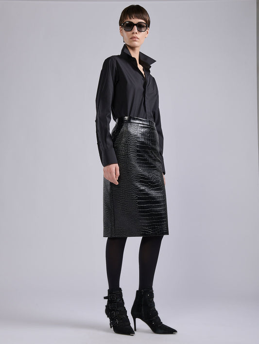 Black croco-embossed vegan leather pencil skirt