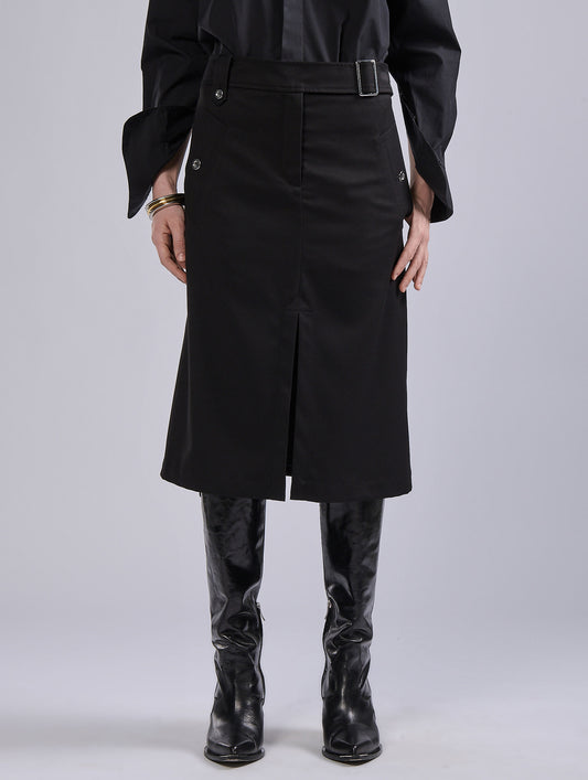 Black stretch twill A-line skirt