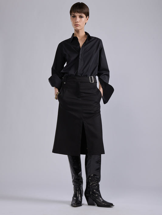 Black stretch twill A-line skirt