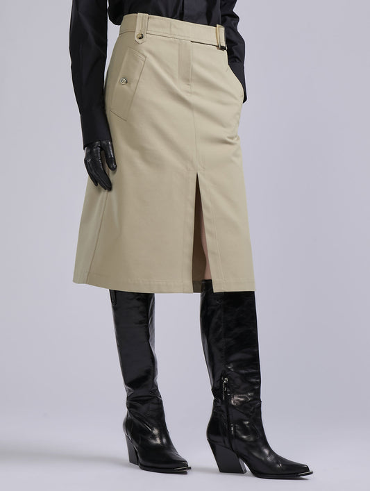 Sand wool-cotton gabardine A-line skirt