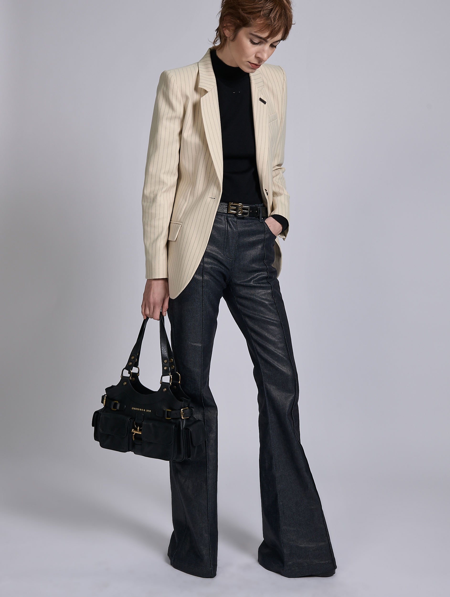 Resin-coated Ready-to-wear| Metallic denim bootcut jeans | Barbara