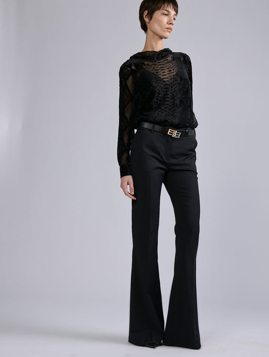 Black stretch wool gabardine bootcut trousers