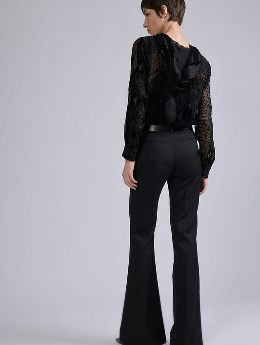 Black stretch wool gabardine bootcut trousers