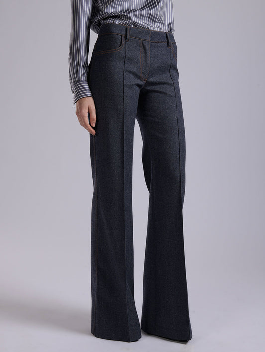Blue wool denim flare trousers