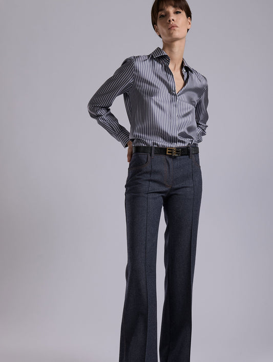 Blue wool denim flare trousers
