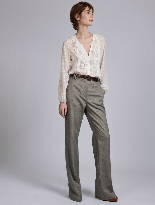 Grey micro herringbone high-waisted trousers