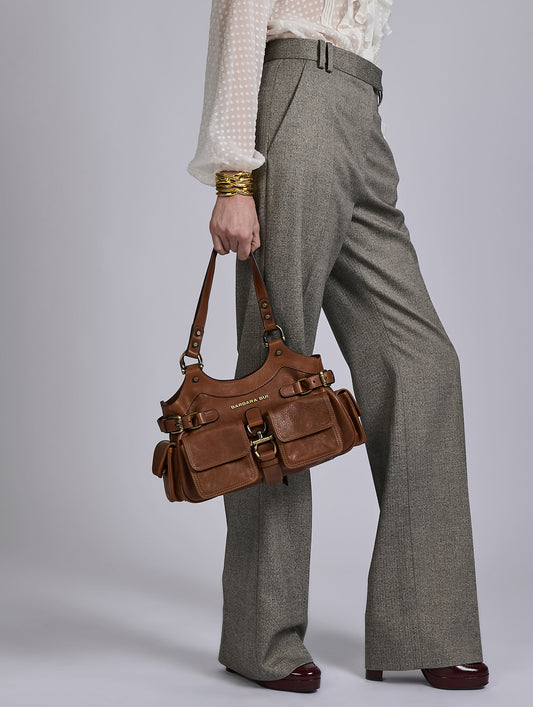 Grey micro herringbone high-waisted trousers