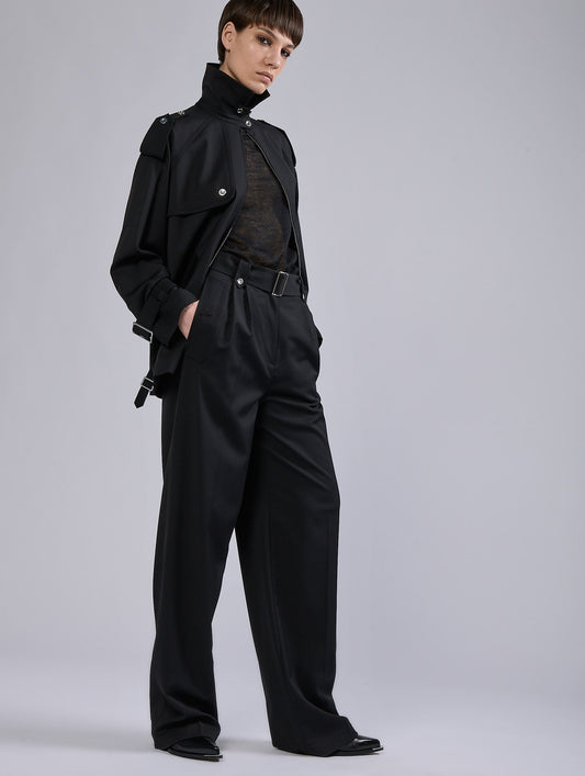 Black stretch wool gabardine high-waist trousers